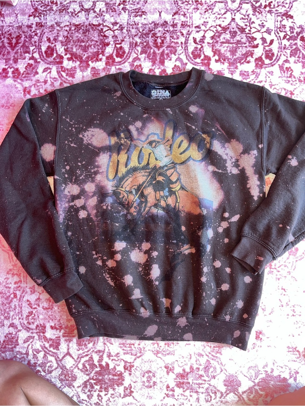 Gina Tees Brown Bleach-Effect Rodeo Graphic Crewneck Sweatshirt
